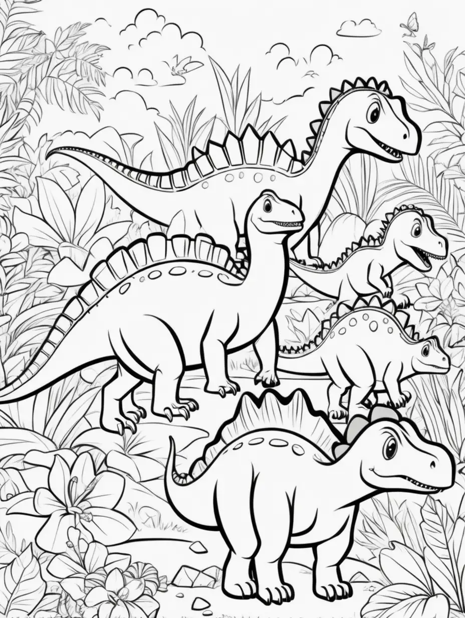 cute dinosaurs, subtle color, kids' coloring page
