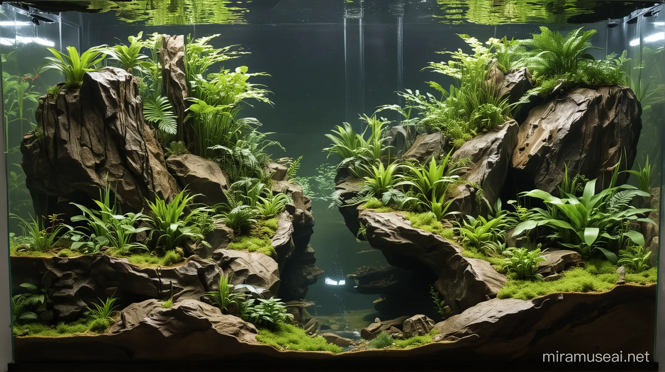A snake tropical 130cm x 45cm x 45 cm paludarium with an lakeside and with a high cliff waterfall with flat land area and a cave.