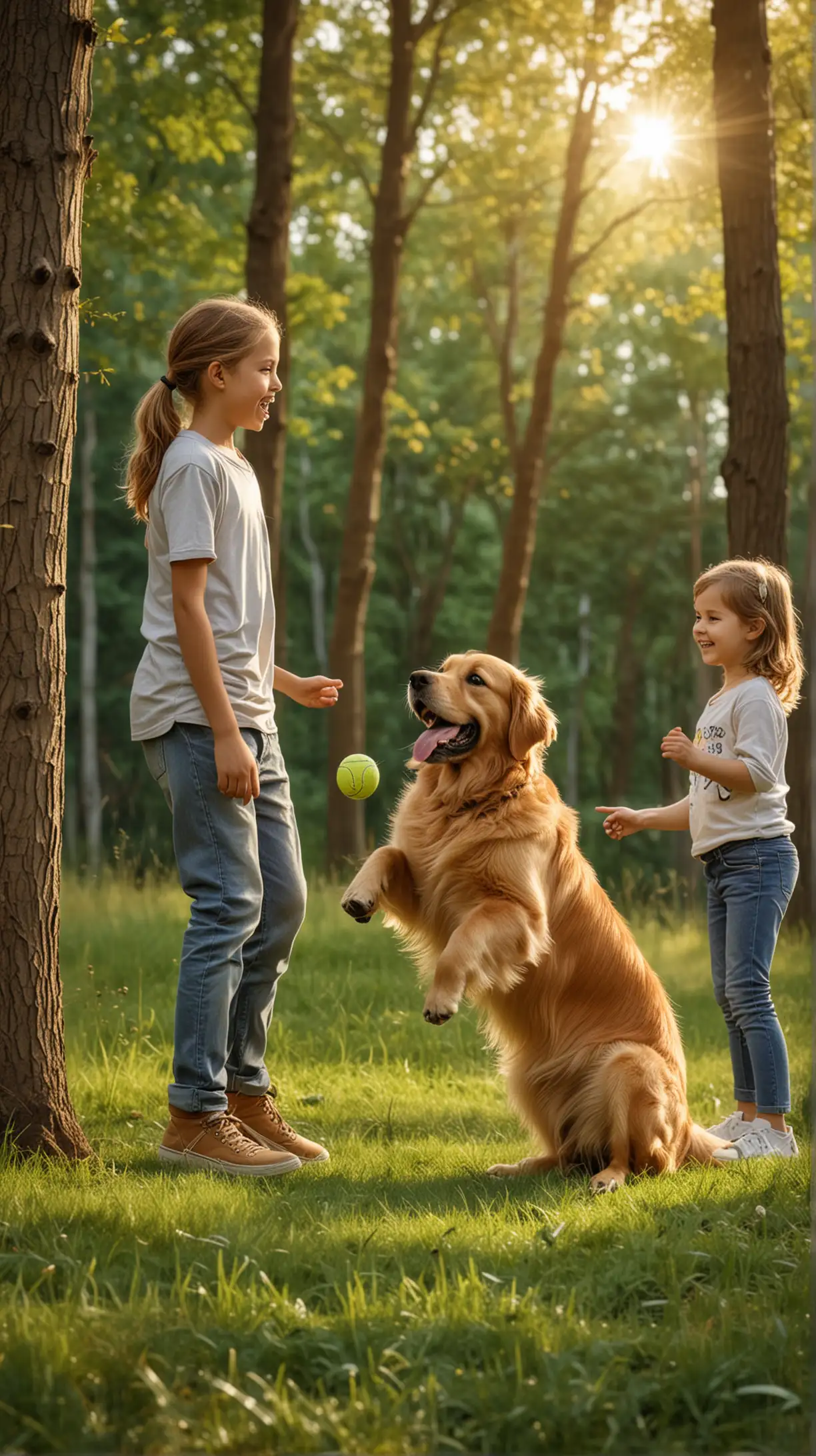 Happy Children Playing Ball with Golden Retriever Dog in Forest Setting