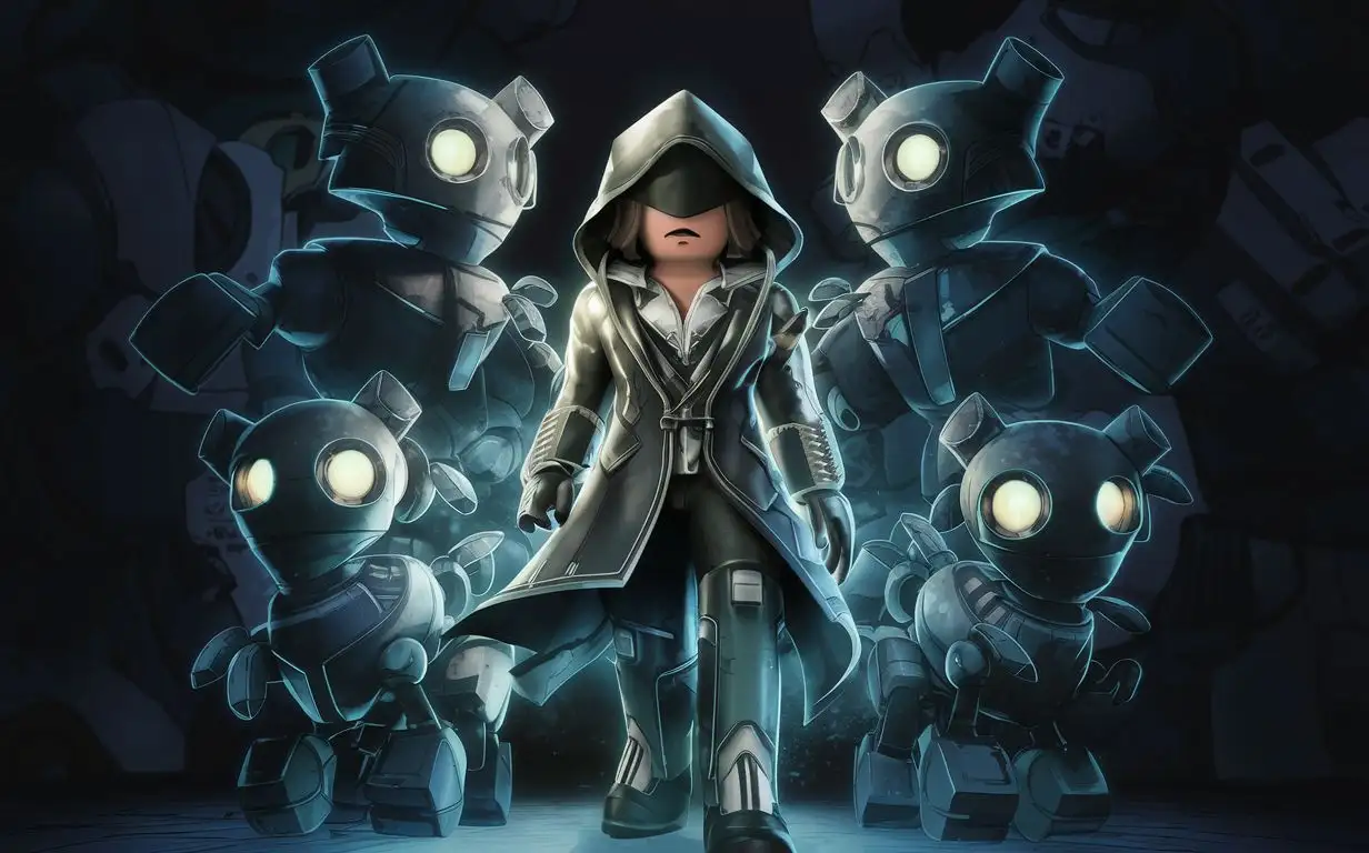 персонаж игры roblox, темный фон, окружен робобаксами