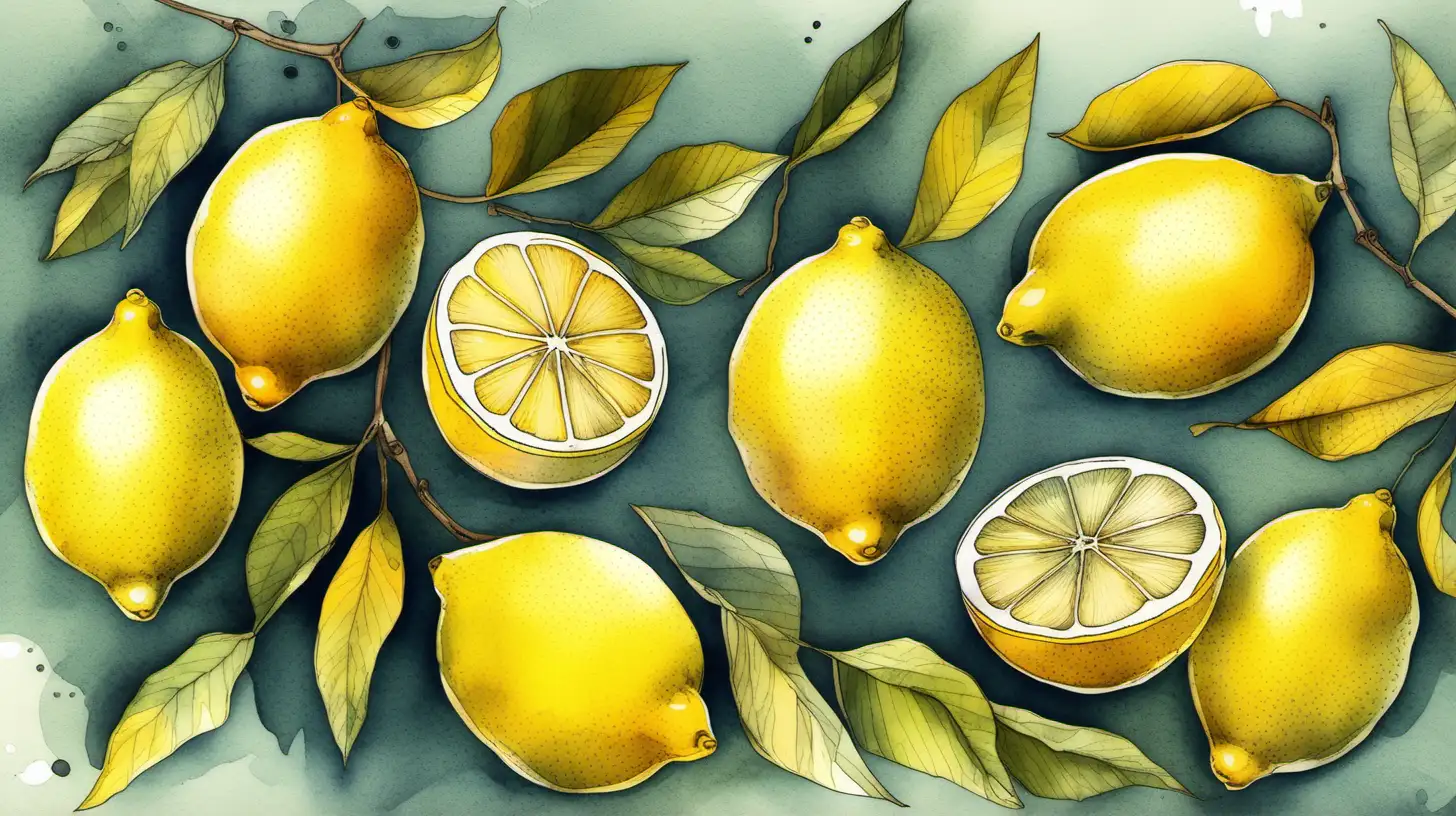 Assorted lemons for a poster illustrated in watercolor with masterful and flat shading techniques, showcasing a harmonious blend of colors and hand-drawn elements, reminiscent of a traditional artistry