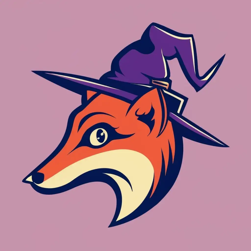 logo, A fox wearing a witch hat, with the text "Witchy foxy", typography