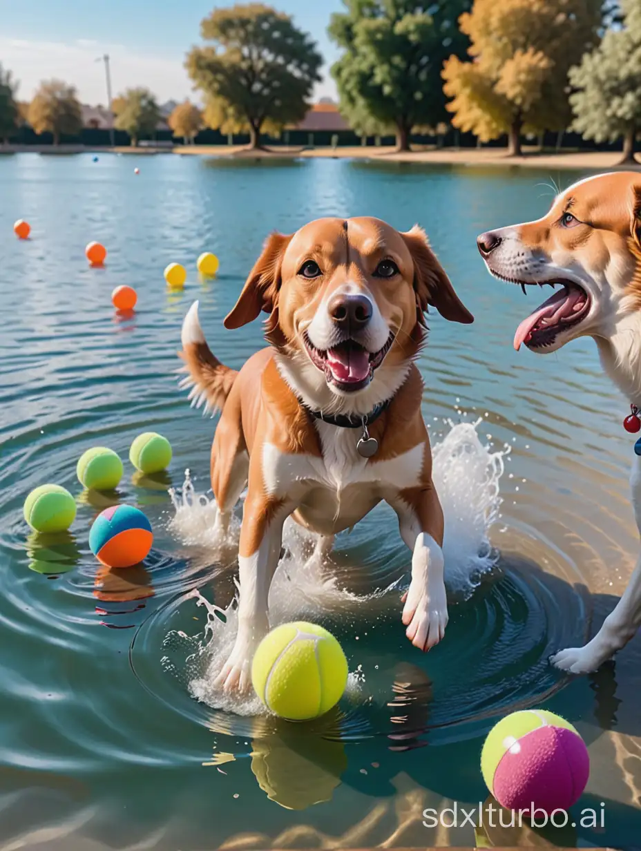 A dog is playing with a bunch of balls in the water, and the dog next to him looks envious