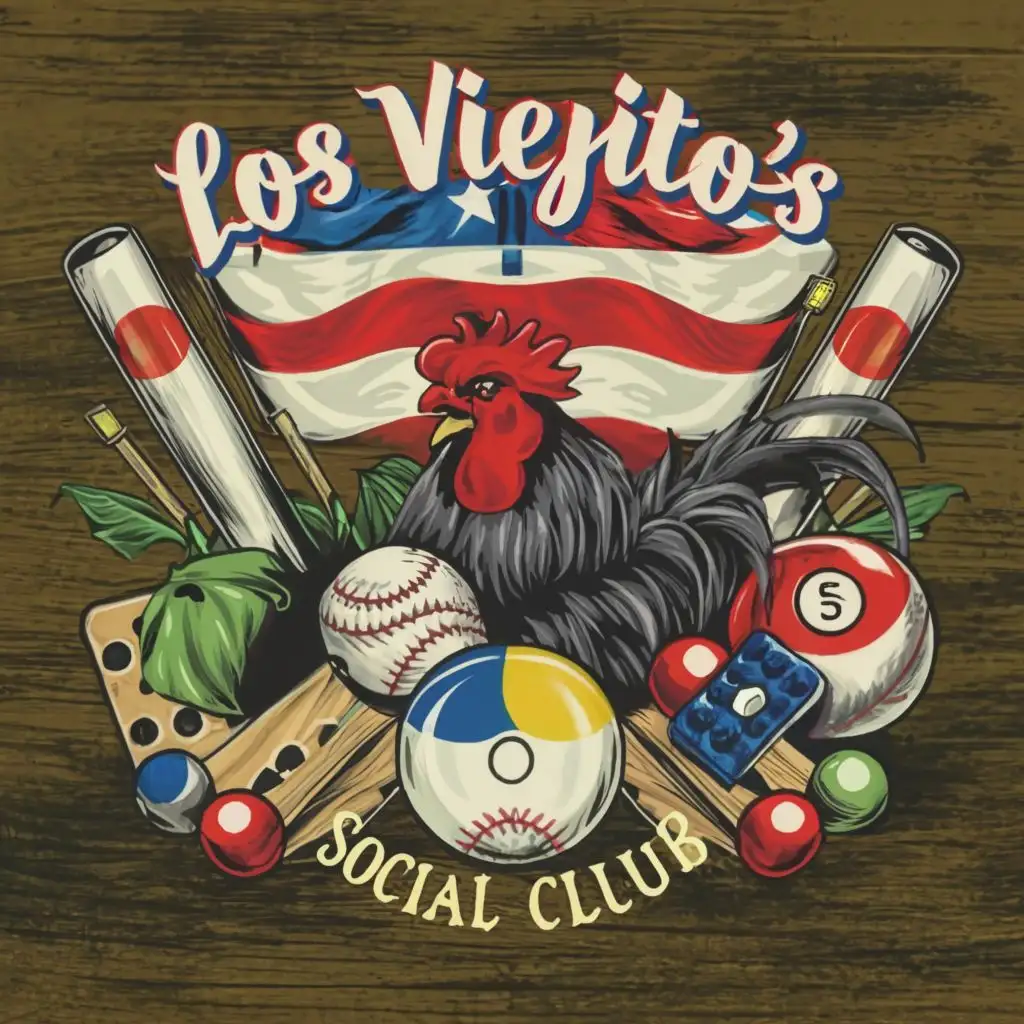 billiard cues, billiard balls, baseballs, dominos, a Rooster, a Puerto Rican flag, with the text "Los Viejito's Social Club"