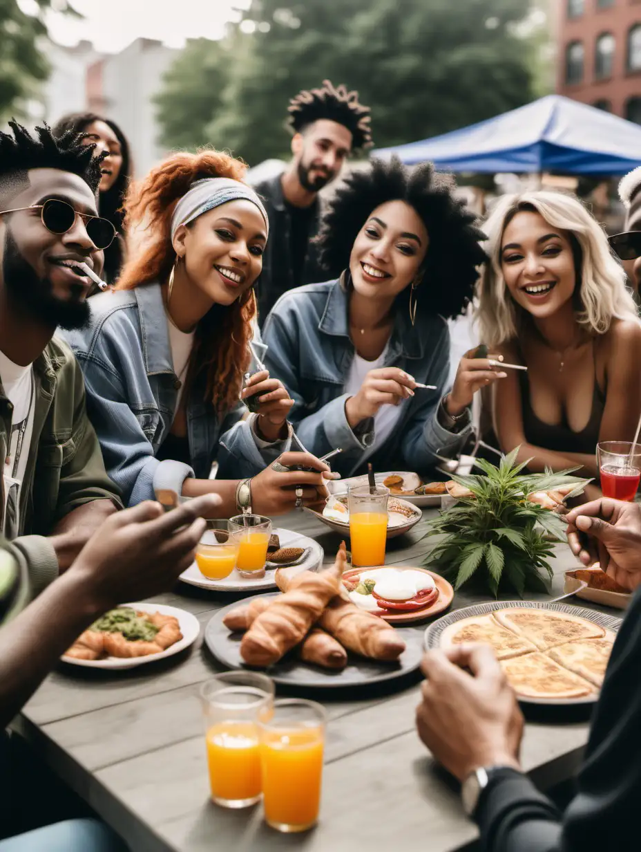 Group of friends hanging out over brunch outdoors smoking weed with vendors and people of all ethnicities in the background 