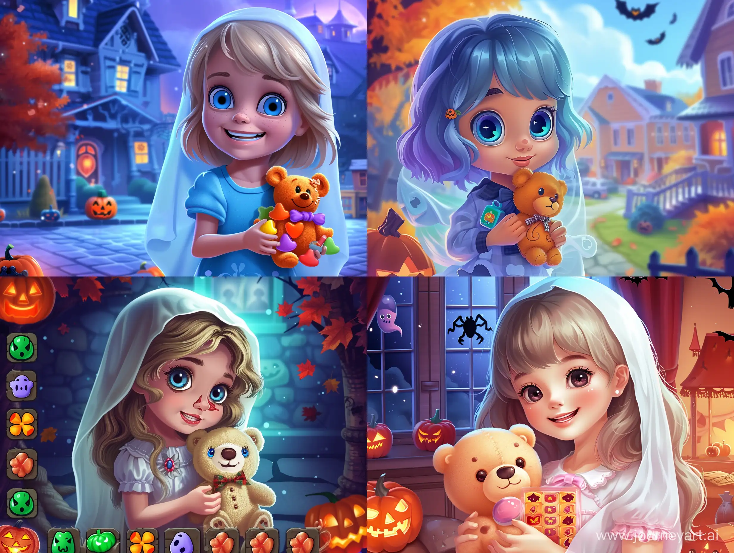 match-3 game screensaver in halloween theme with a ghost girl holding plush toy-bear