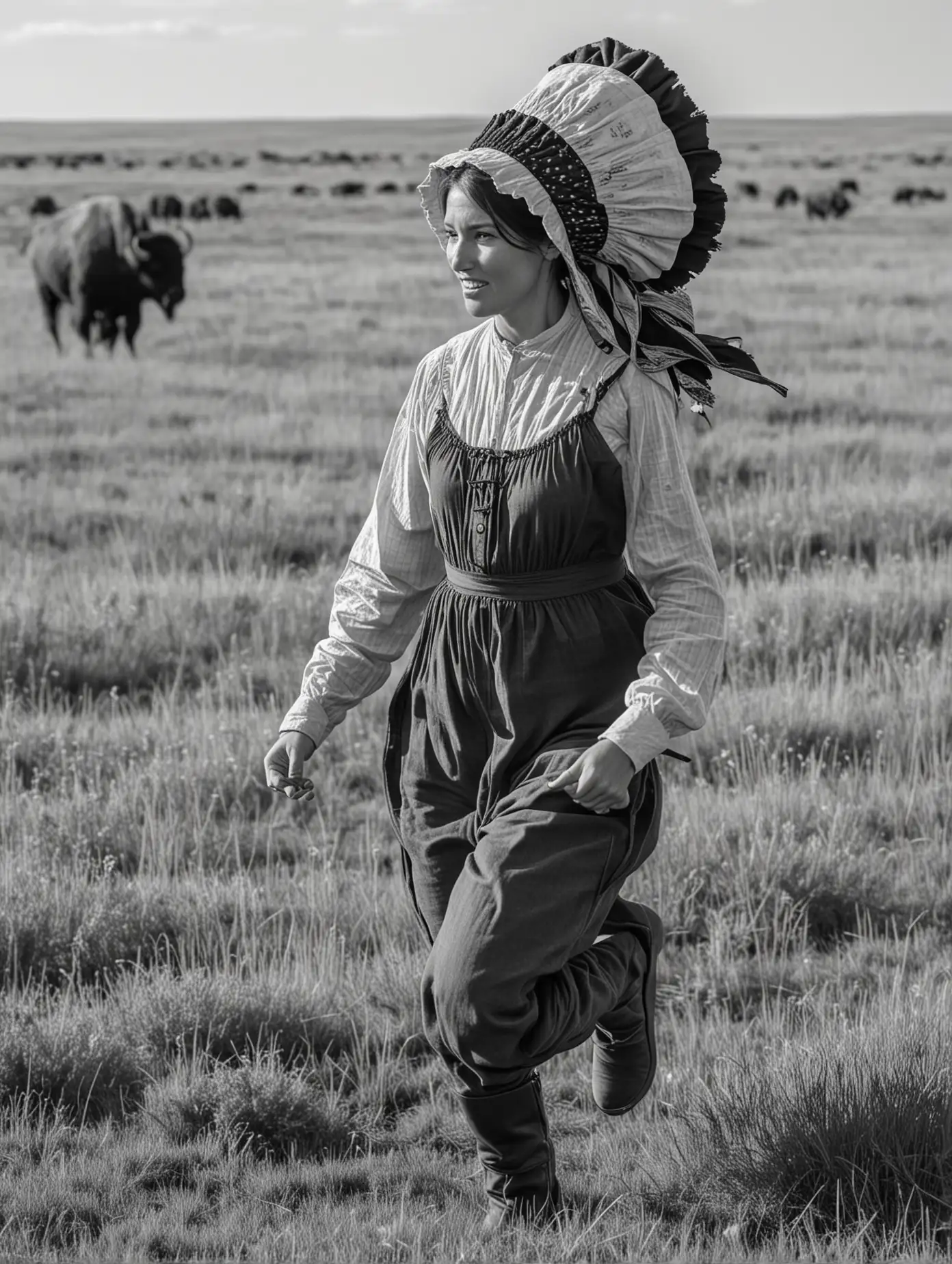 A woman runs through the prairie. She is an American pioneer and wears a bonnet. There are buffalo in the background. She is seen from the side. In black and white. 