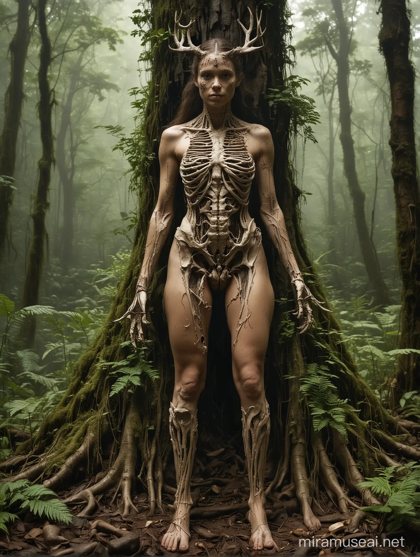 Enigmatic Woman with Deer Fossil Head and Tree Root Limbs in Rainforest