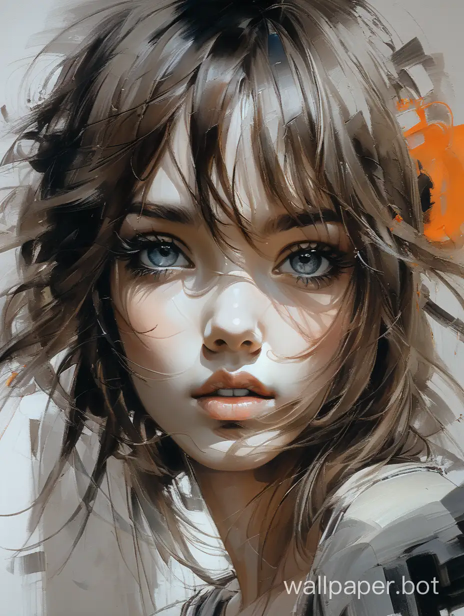 image of a girl in the style of Russ Mills, Mikhail and Inessa Garmash, natural makeap, large expressive eyes, full lips, clear skin, proportional face, graceful turn and bend of the neck, disheveled hair, bold expressive strokes to convey movement and emotion, realism and abstract elements, limited color palette,  perfection, savage, concept art, Greg Rutkowski, smooth, sharp focus, correct anatomy, high detail