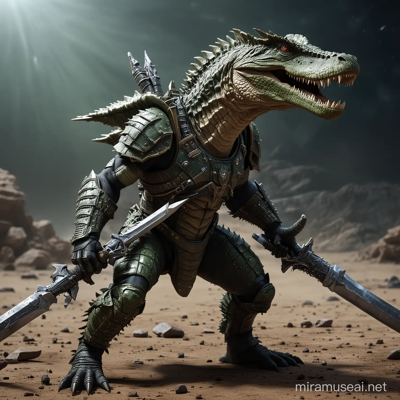 Reptil alienigena parecido a un cocodrilo, que es rudo, con una armadura espacial, y una espada.