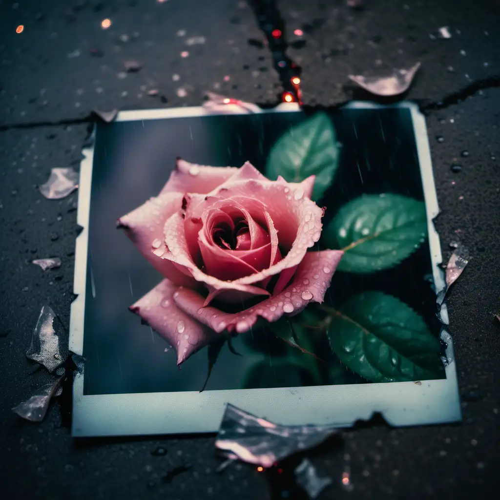 a polaroid photo laing on the ground in the rain, the photo is torn in two, it is a photo of a rose. as it lays in the ground at night on the street, some lights are flashing back from the pile of whater. Professional alnum cover art photo, shot with sony a7 sIII