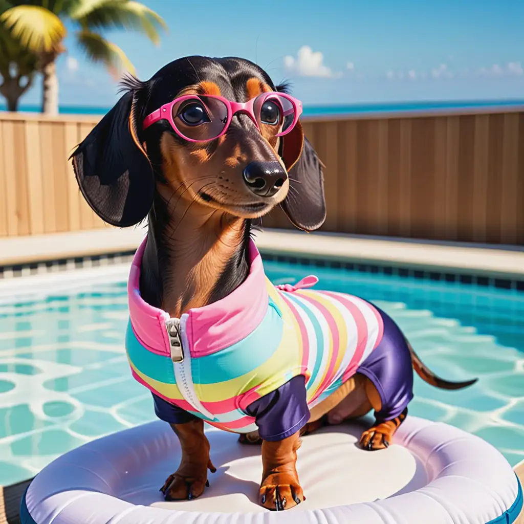 Adorable Dachshund Posing in Colorful Bathing Suit