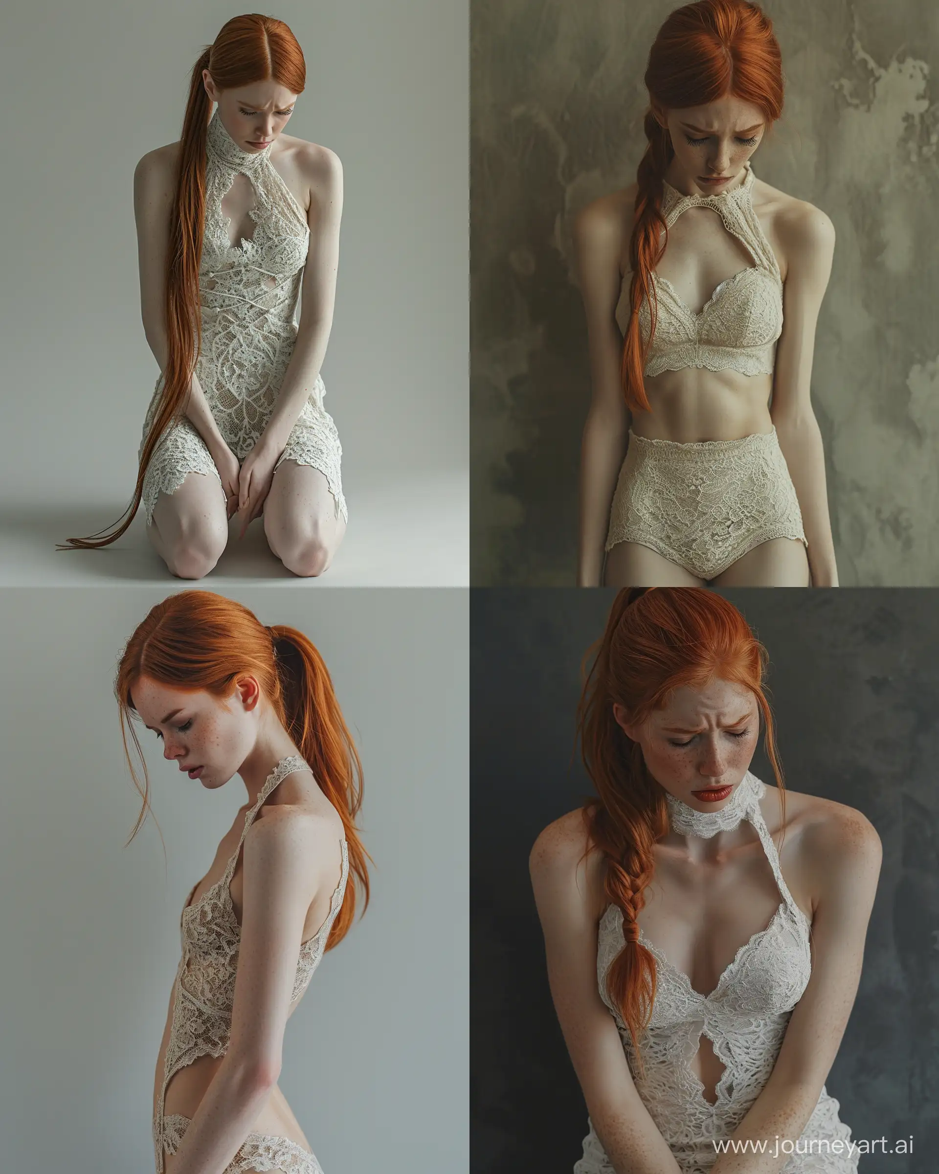 She's sulking, Swedish supermodel, red hair, sleek ponytail, hyper realistic, beauty model, lace halterneck dress, gorgeous stunning body, long beautiful legs, slim waist, happy, full body, stunning color photography --ar 1080:1350 --style raw --stylize 250 --v 6