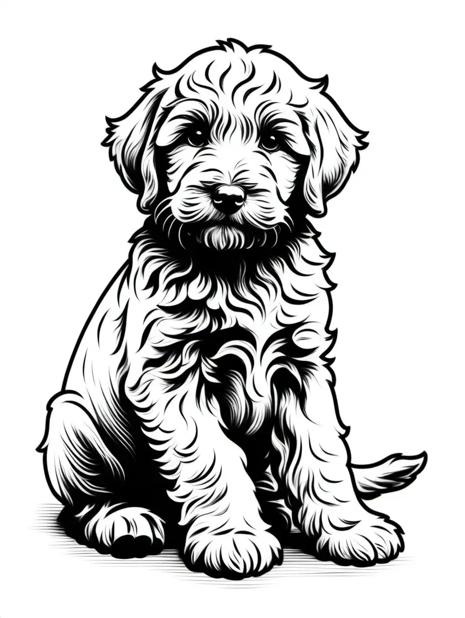 Sketch, black line only no fill color. adorable labradoodle puppy sitting. Do Not crop. 