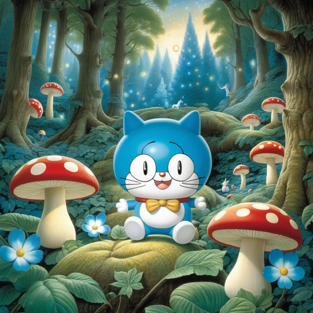 doraemon A whimsical, magical forest, inspired by Maxfield Parrish’s paintings, with glowing mushrooms, fireflies, and a unicorn resting on a bed of leaves


