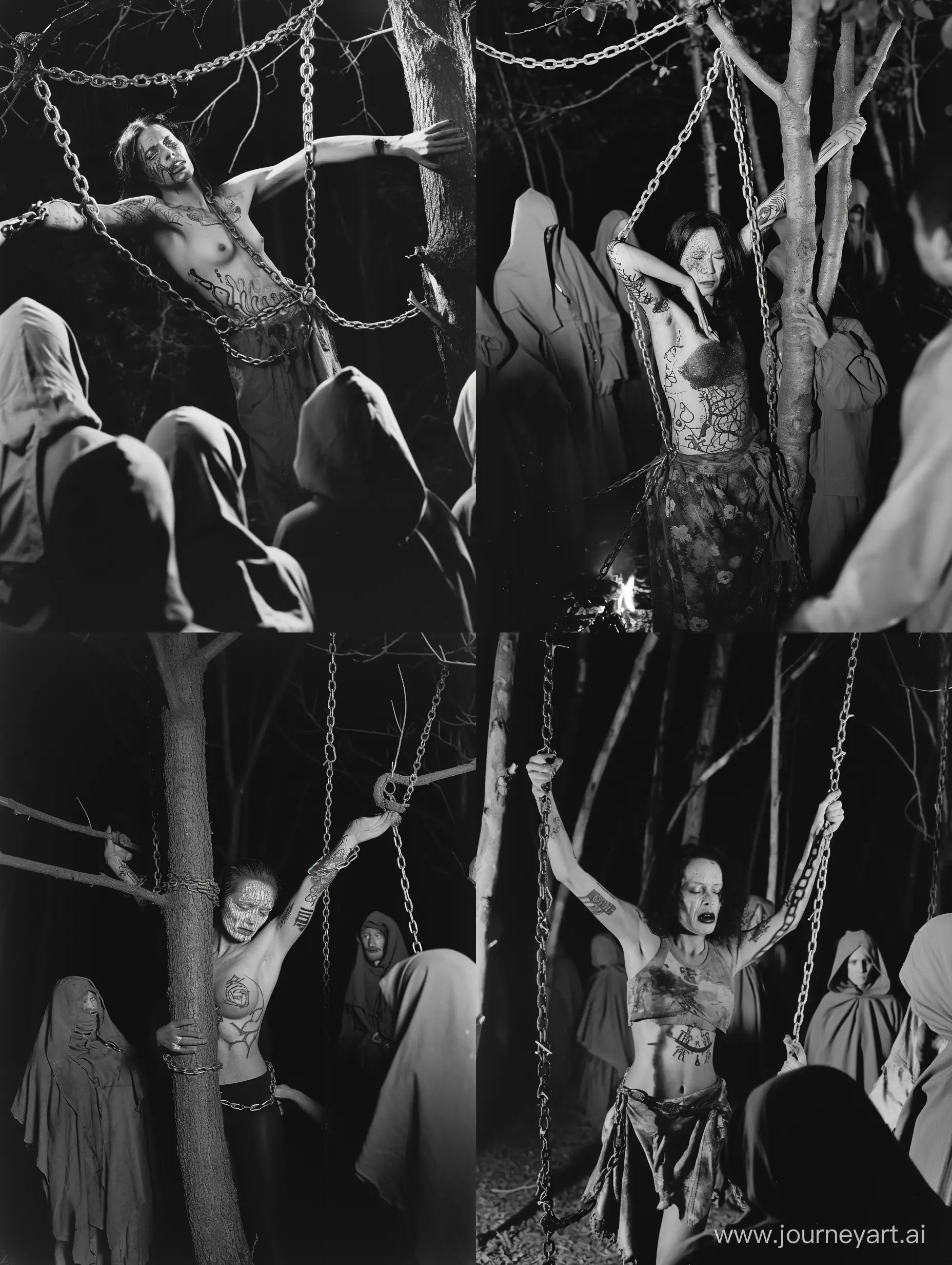 grayscale photo of a woman in a minimalistic forest, an ominous and unsettling scene unfolds, tear-stained face, body adorned with ominous tattoos. Her arms, stretched open and bound with chains to tree branches, chains tightly securing her in a vulnerable position, while hooded figures, gather around her, participating in a mysterious and unsettling ritual. The photo is captured using Fujifilm Provia film, enhancing the vividness of colors and contrasts, as the night scene is illuminated by a flickering campfire, casting eerie shadows, adding to the sense of foreboding. The forest serves as the backdrop for this hike core ritual, its minimalistic beauty contrasting with the intensity of the scene, creating a chilling ambiance that evokes both fascination and unease. Unlikely collaborators: Marina Abramović, the performance artist exploring the limits of the body, Sally Mann, the photographer capturing haunting and introspective images, Gareth Pugh, the fashion designer known for his dark and theatrical aesthetics, Ari Aster, the filmmaker specializing in atmospheric and disturbing narratives, David Tibet, the musician and artist delving into esoteric and ritualistic themes.