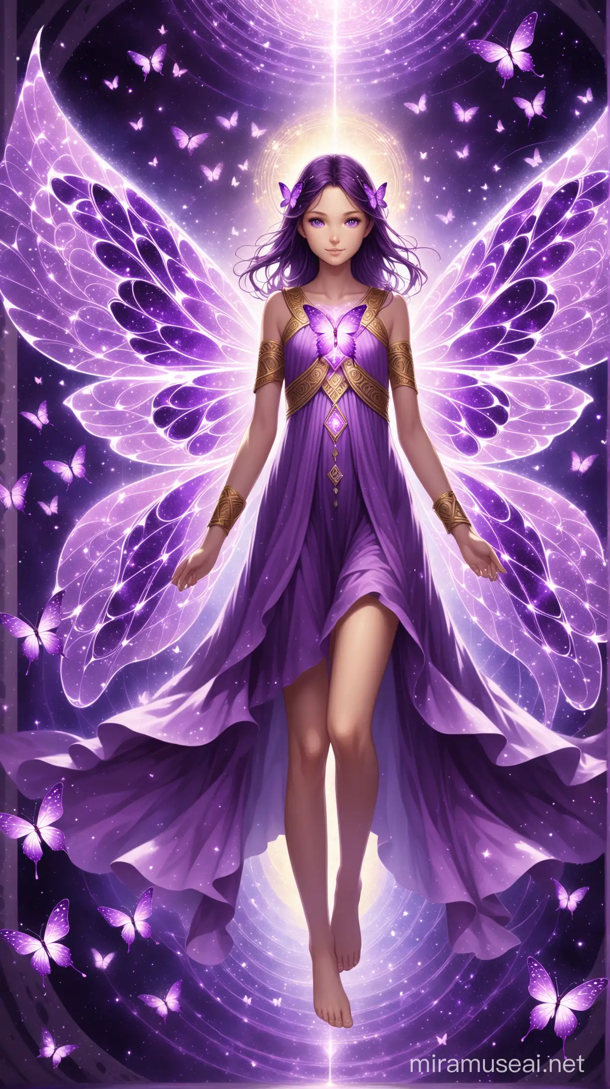 illustration, beautiful young girl made of purple butterflies, wearing a purple greek dress, with purple butterfly wings, purple theme, with thin antennae, with purple eyes, adult, barefoot, in an interdimensional void filled with fractals and edges, soul powers, slight smile, golden armbands