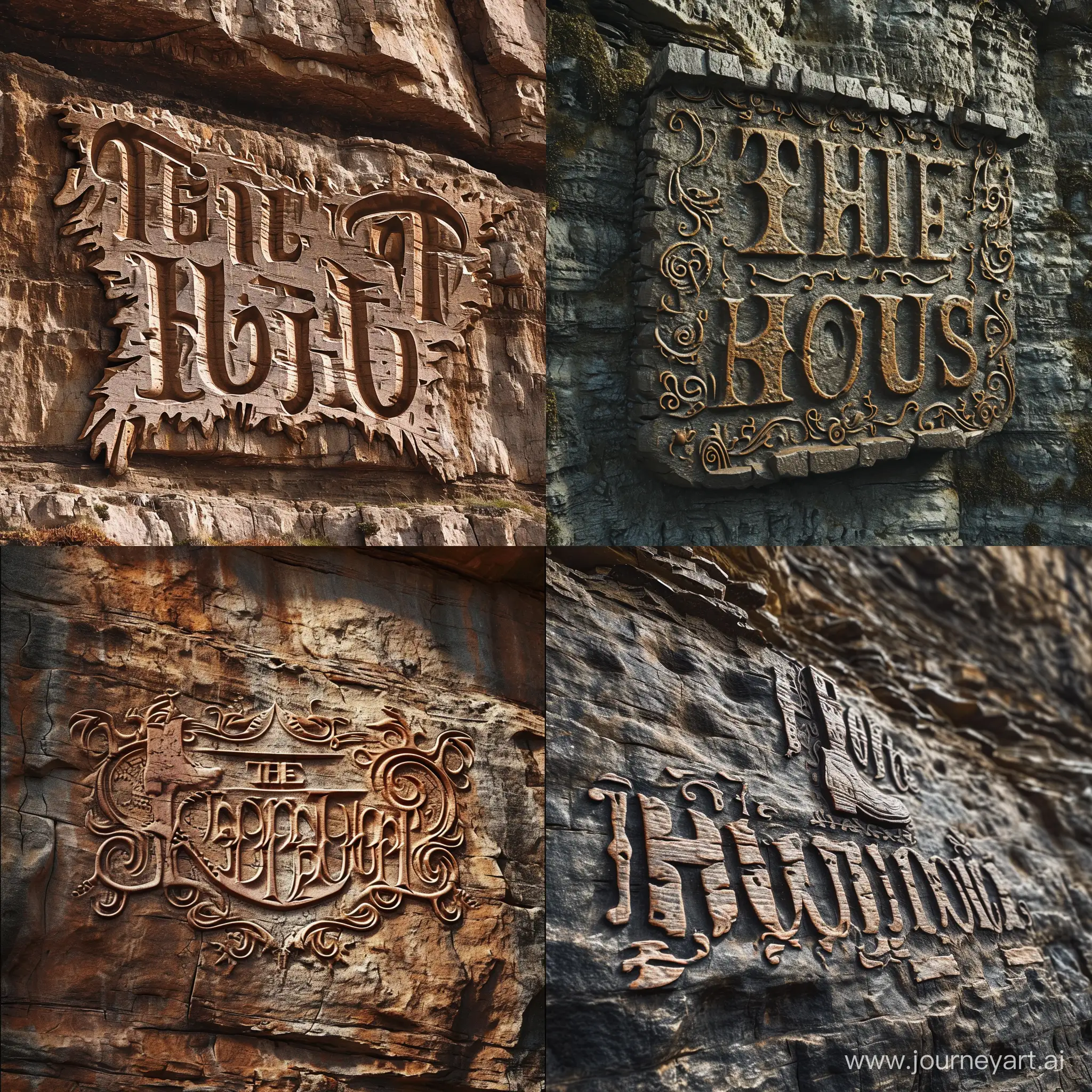 The title "The Boot House" like an intricately designed logo, carved into a rock cliff face naturally.  Epic composition.  Highly detailed. 