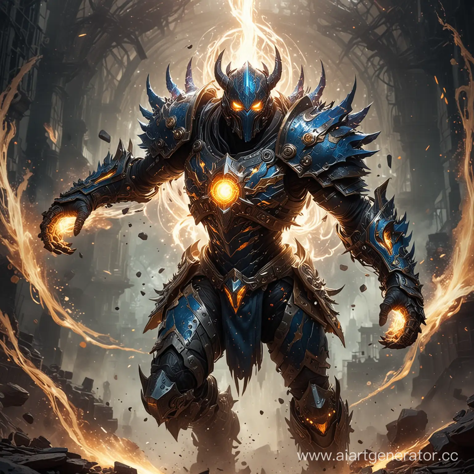 

Chaos Catalyst:He Seeds chaos and discord to fuel their power, wearing chaotic armor adorned with swirling vortex patterns and emanating discordant energy. Make it cinematic 