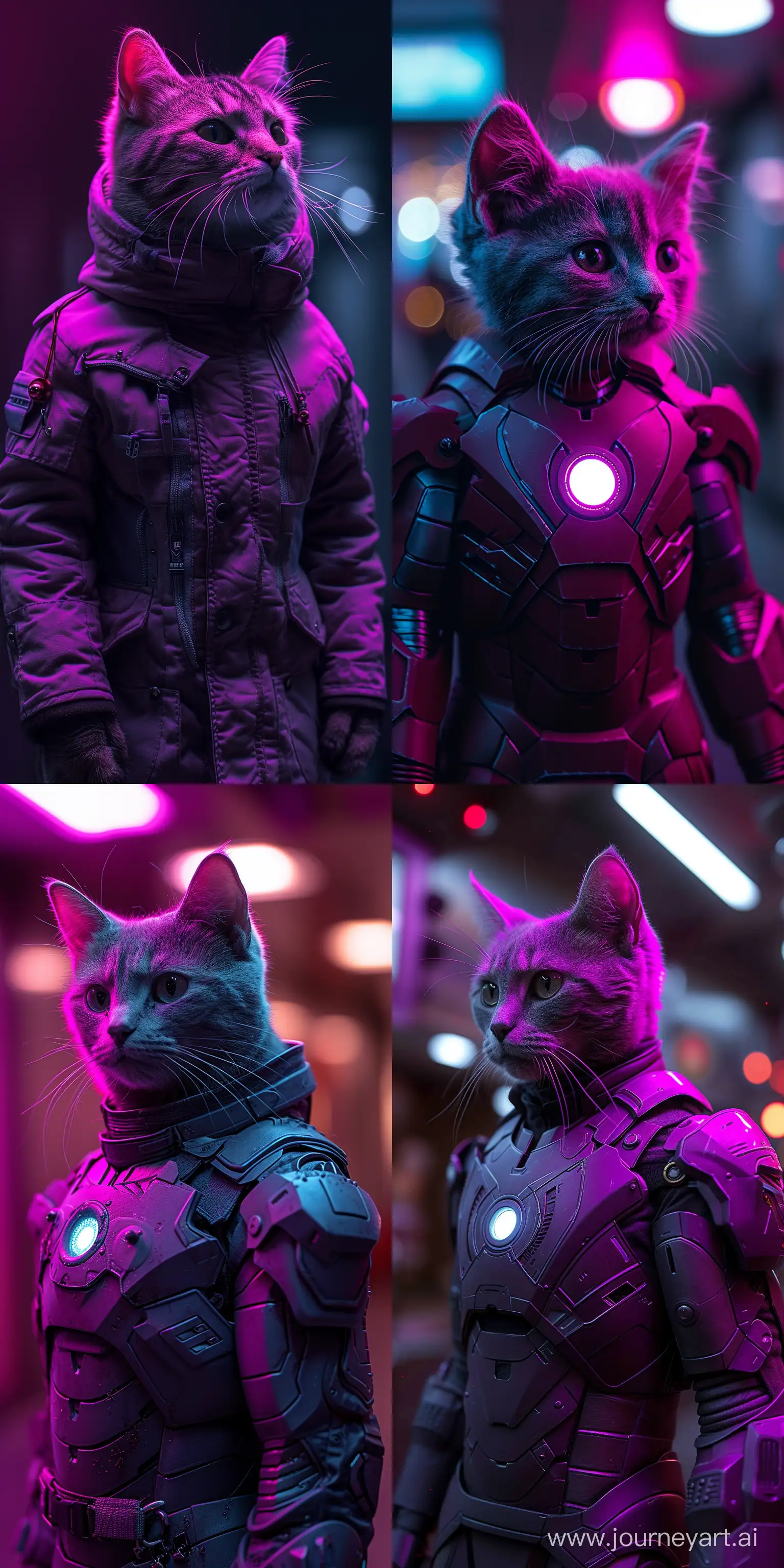!mj cat in iron man suit, majestic purple hues, cinematic lighting, dynamic pose, high-tech armor aesthetic --ar 1:2 --stylize 750 --v 6