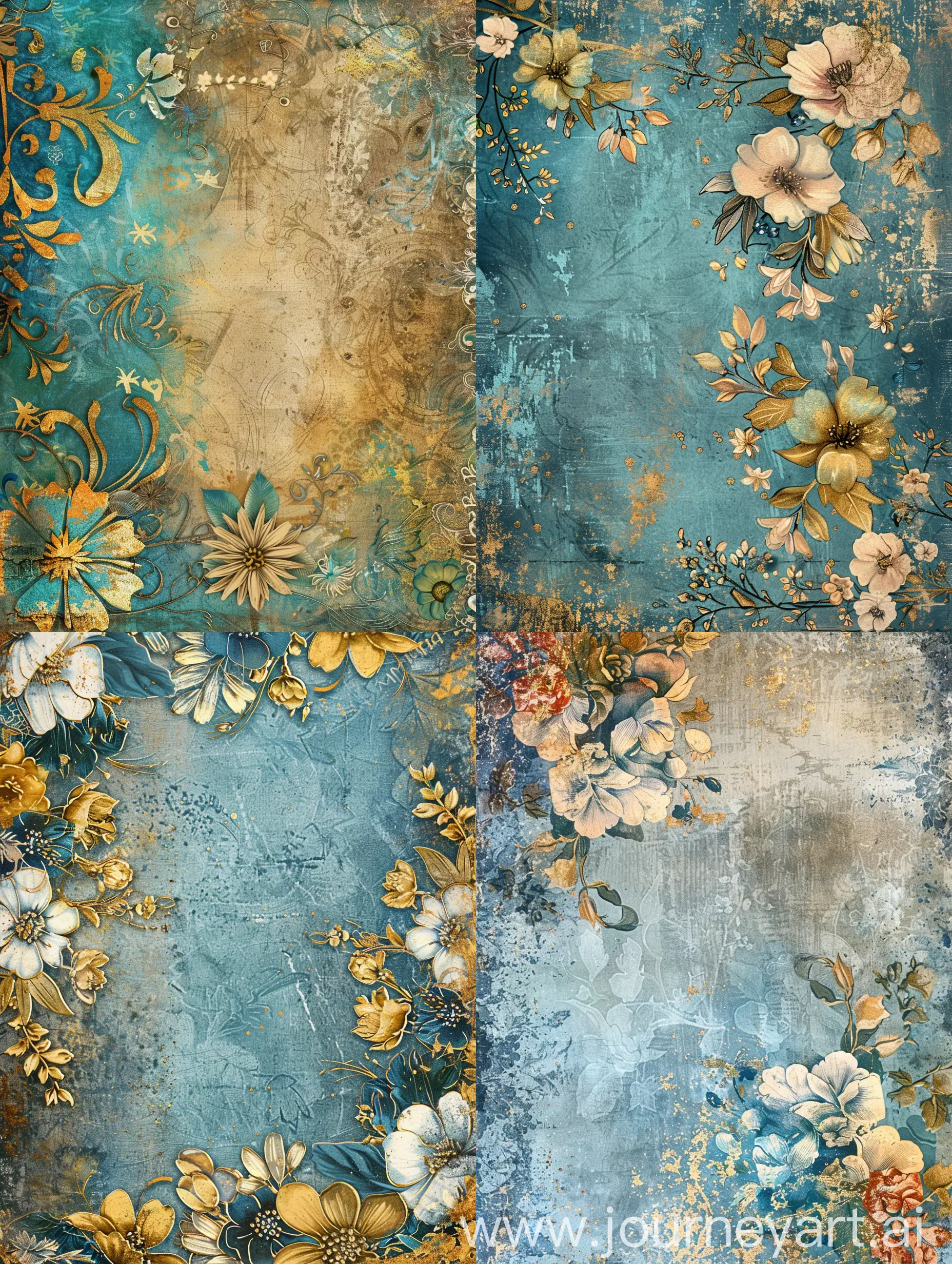 Floral,  background, beautiful, fantasy, blue and gold, Journal, Digital paper, Junk Journal, Decoupage Papers, Scrapbook Paper in Floral Vintage Style