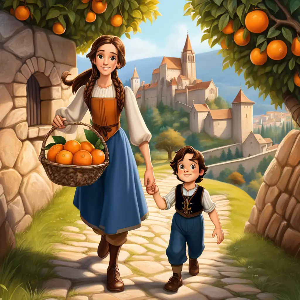 Generate an image featuring two characters. Character 1: a female 28 year old mother, with her long brown hair neatly tied in a braid.Character 2: a charming 3-year-old prince toddler with dark brown hair and adorable big, expressive eyes. They are walking a path upside a hill in a medieval setting, Person 2 has got a little basket with oranges in his hand, The backdrop showcases a picturesque landscape with orange-trees. Aim for a Pixar-style rendering.