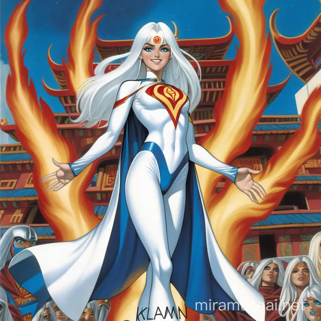 Diosa hermosa adolescente de cabellos blancos largos y ojos azules vestida de traje entallado ajustado blanco con botas y capa blanca larga,  alta flotando en el aire sonrisa de superheroe y pose de superheroe, sus ojos brillan con fuego, y de fondo un monasterio tibetano y muchas chicas vestidas como ella, y la diosa Kali, y la palabra kaliman war of the kali escrita con letras blancas 