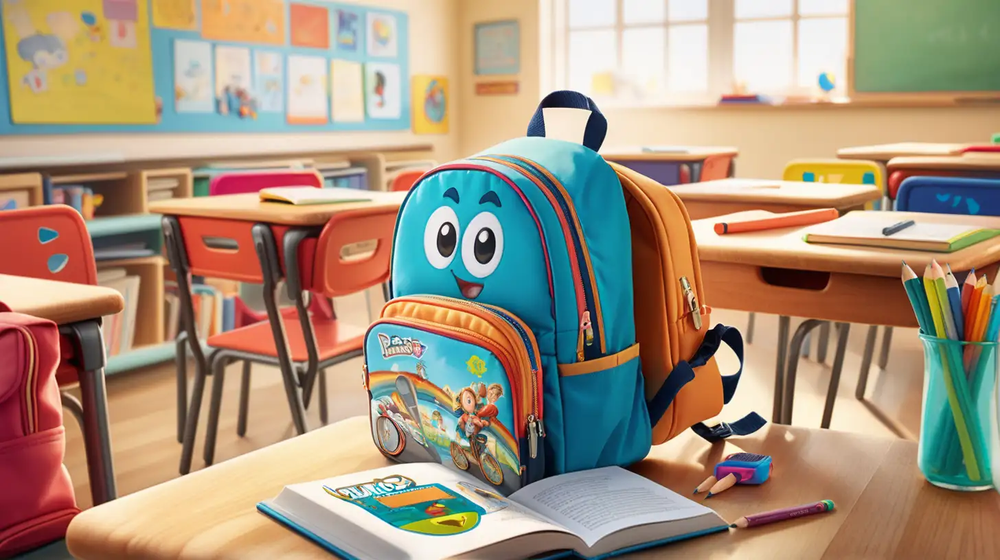 A classroom setting from the perspective of a student’s desk, focusing on a colorful, cartoon-themed backpack slung over a nearby chair. The backpack is open, revealing books, a lunchbox, and a pencil case, capturing the essence of school life and the anticipation of a day of learning and play.
