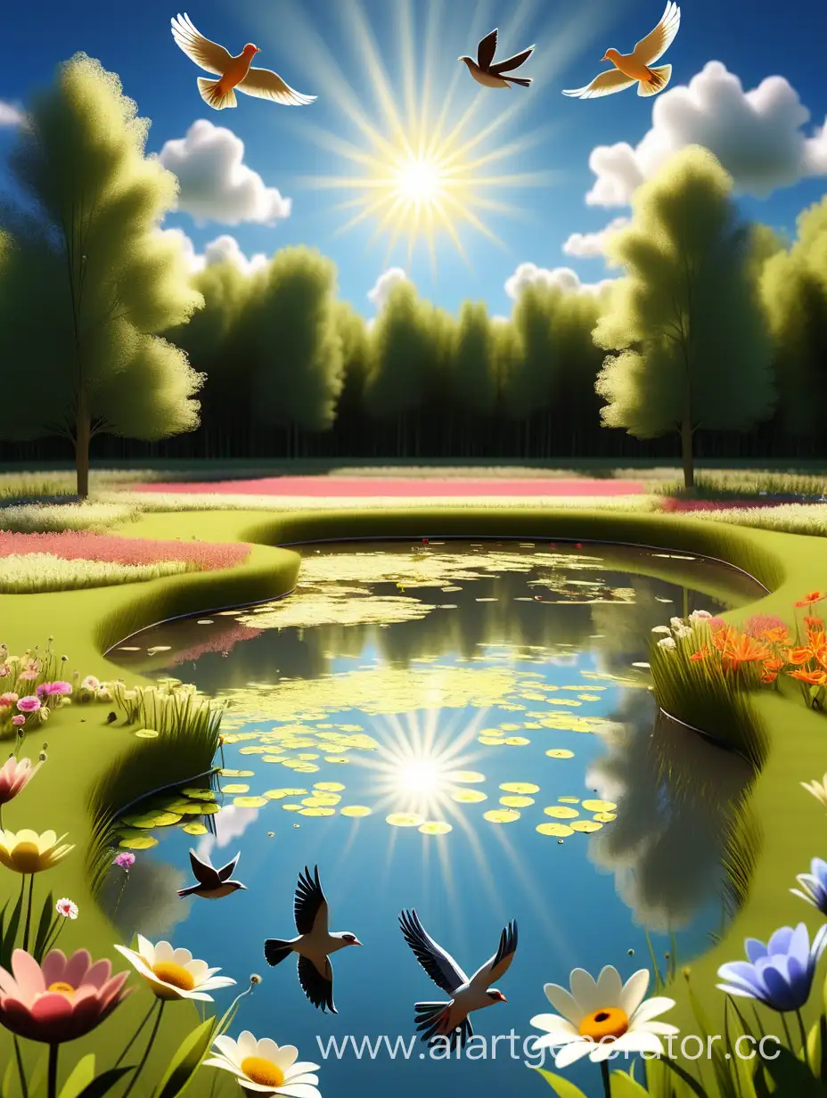 Tranquil-Forest-Pond-with-Flying-Birds-and-Sunny-Sky