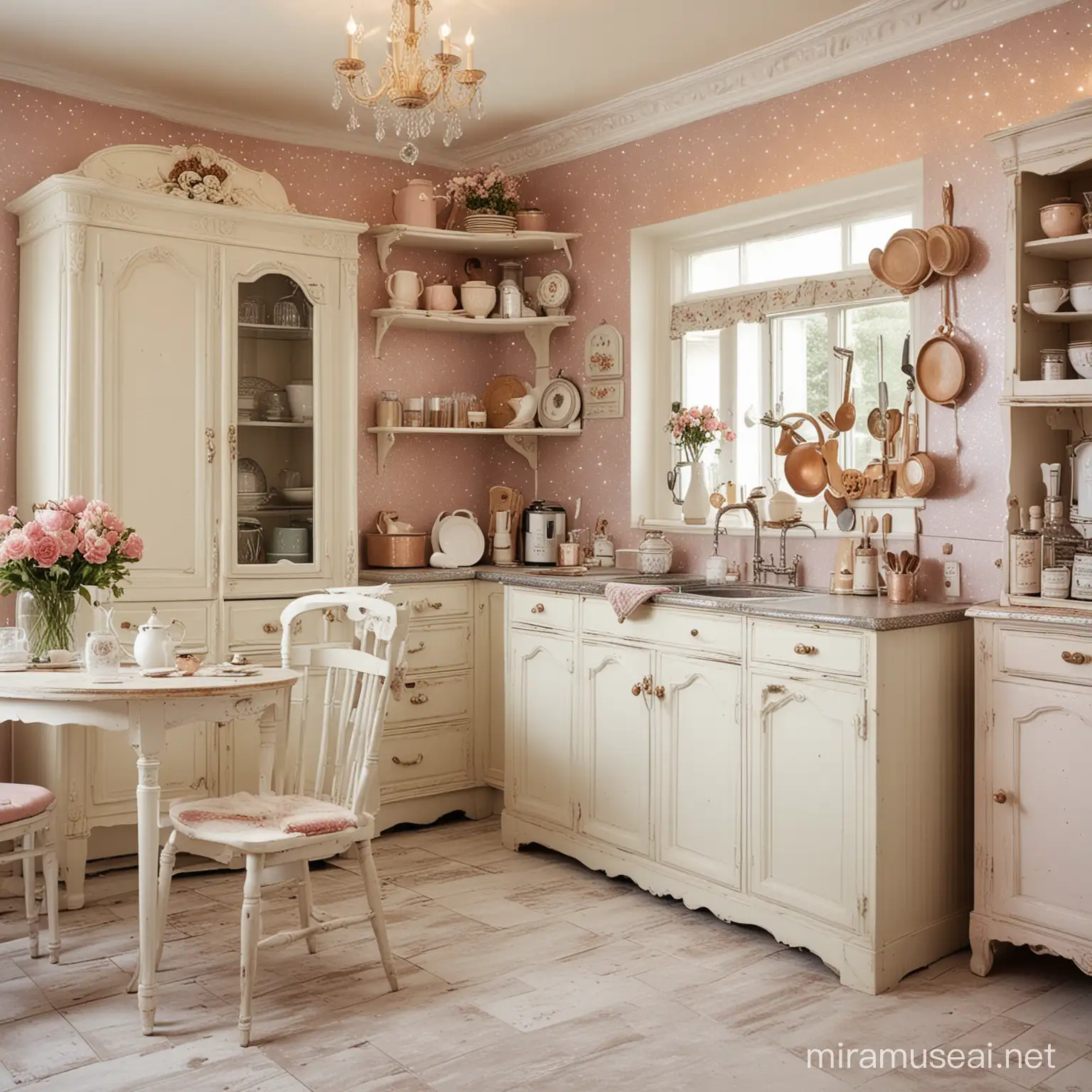 Beautiful Shabby Chic Vintage Kitchen with Glittery Full Background