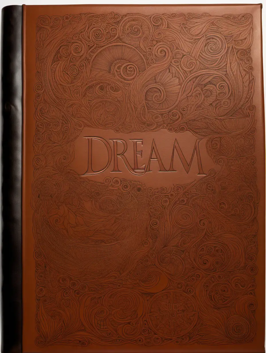 front aligned view of the narrow border of small designs on a blank book covered in leather in the theme "dream"