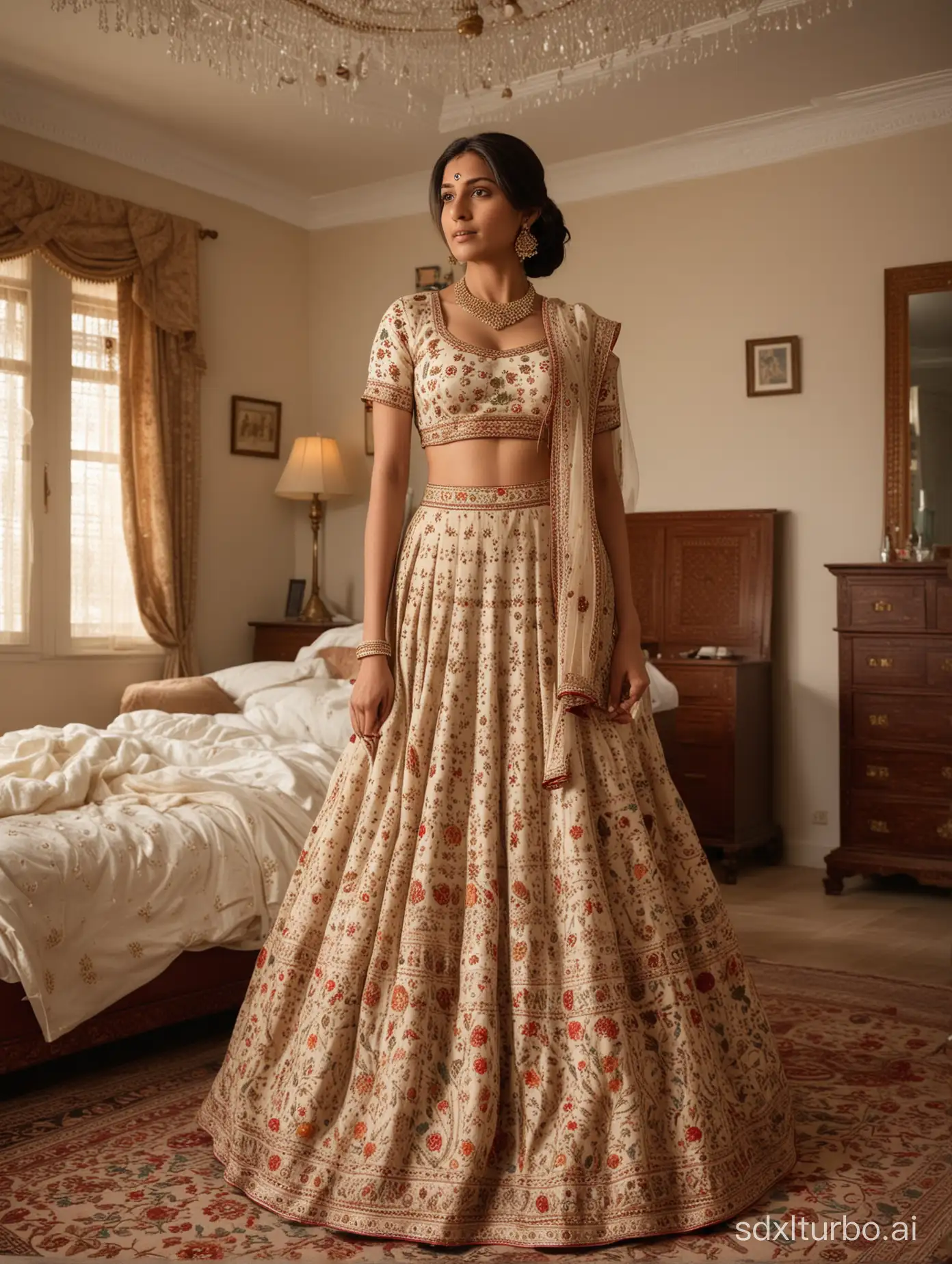 Indian woman in neutral lehenga printed in pichwai motifs and embroidered with pearls and resham standing in a bedroom which is furnished in traditional Indian style, room brightly lit, emulate Nikon D6 shot, wide angle shot, soft warm lighting, photorealistic