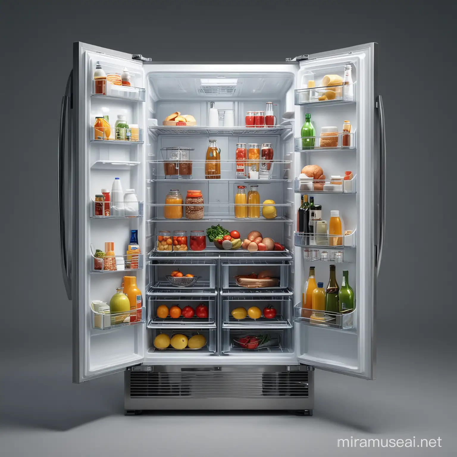 full frontal view of the open photorealistic refrigerator in the night kitchen