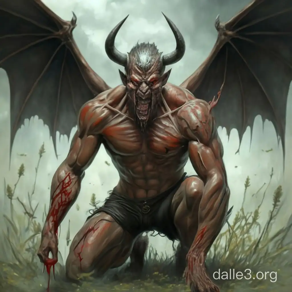 A muscular one-armed demon kneeling on the grass with bat-like wings and horns, bleeding from the mouth