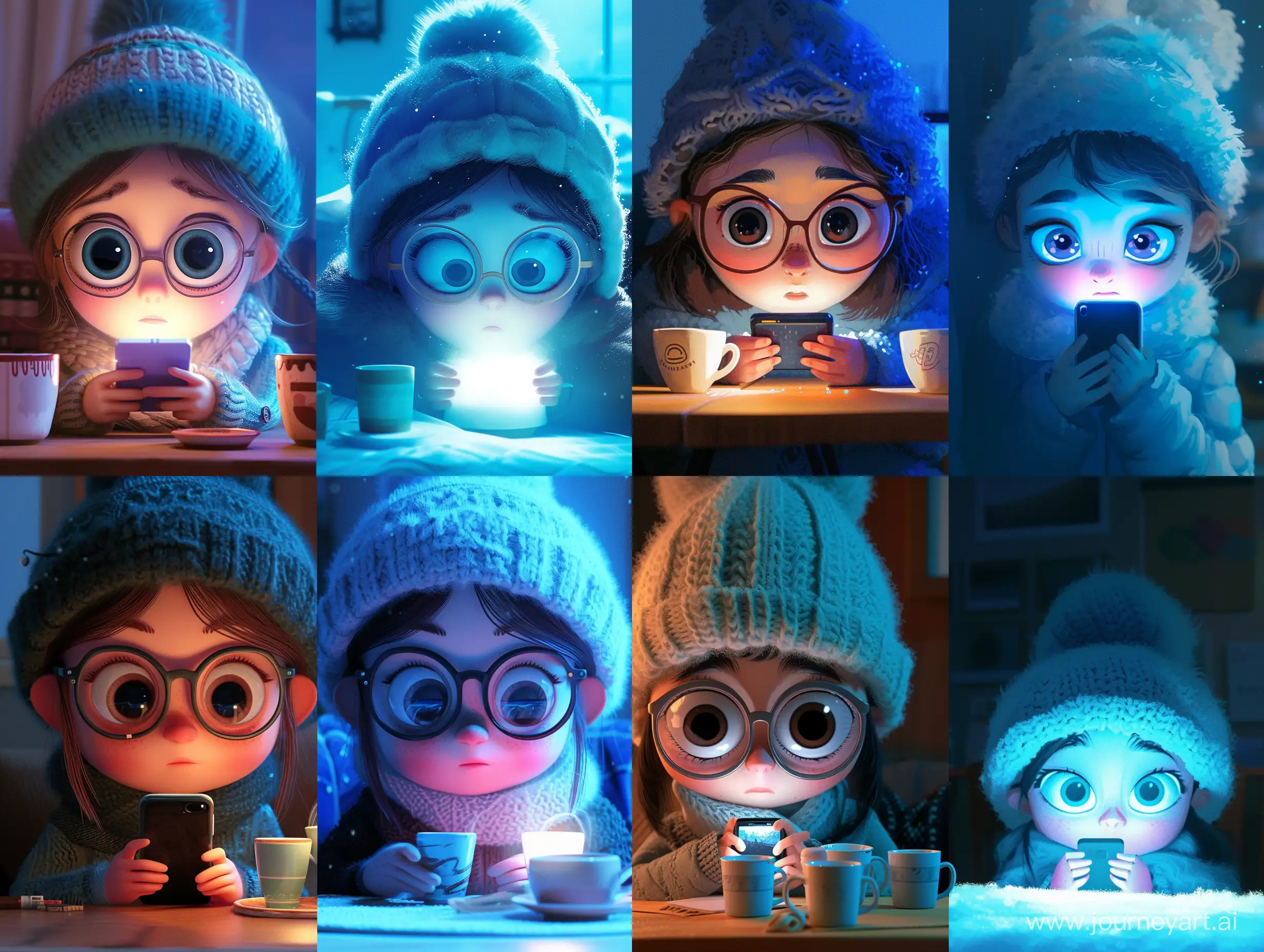 On the left side of the image, we see an animated character — a girl with big eyes, wearing glasses and a warm winter accessory on her head, possibly a hat. She is in a cozy setting, looking at a smartphone, holding it in her hands. In front of her, there are cups on the table, reminiscent of a cafe or a cozy evening at home. The lighting creates a soft and warm light, emphasizing the comfort and seclusion of the scene. Overall, the image has soft tones and a pleasant color palette, radiating warmth and tranquility. Her face is illuminated by a soft blue-pink light, creating a contrast with the rest of the image, which is painted in blue tones. --v 6 --ar 4:3 --no 93219
