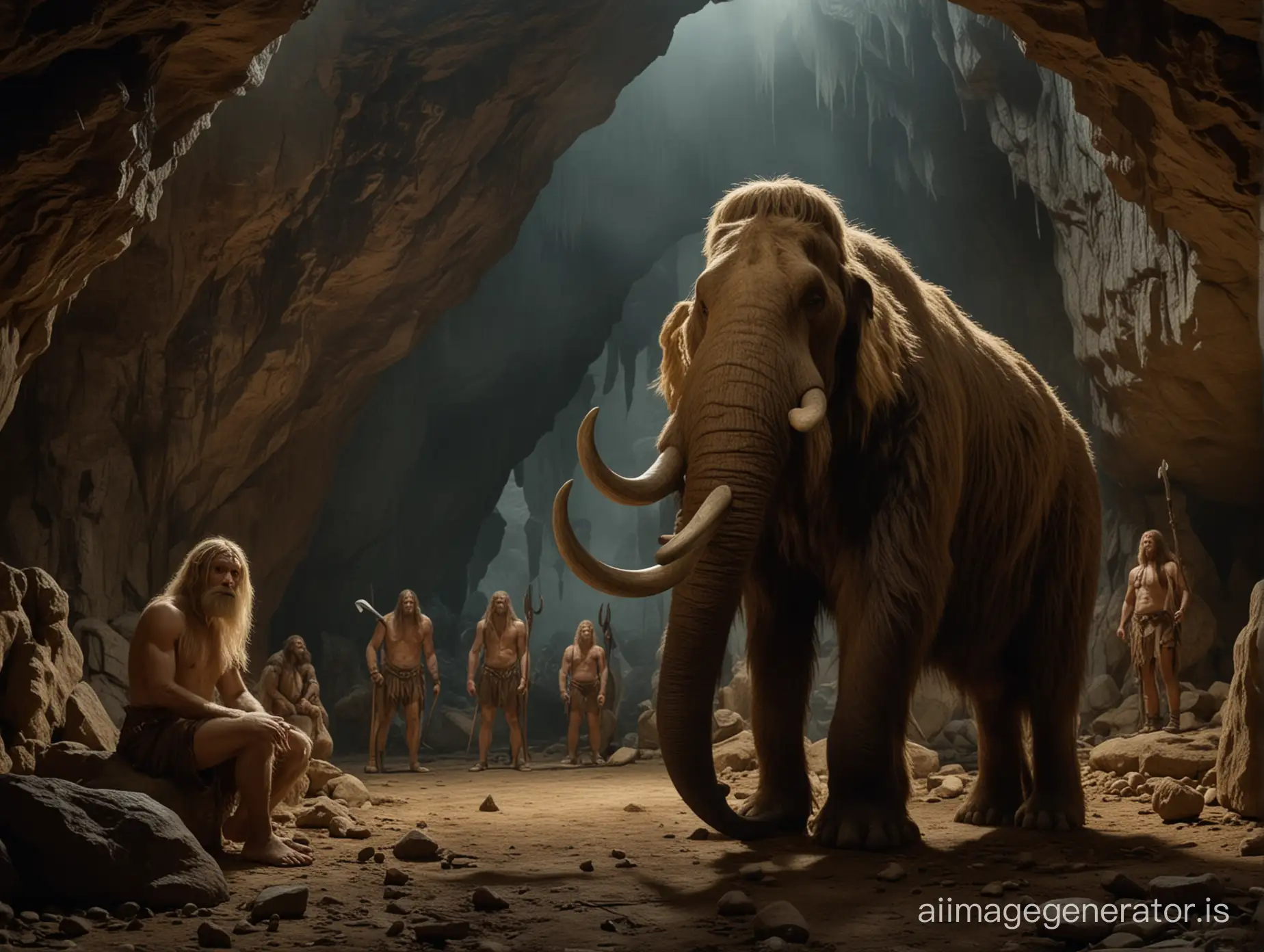 cinema scene in a cave, A tall and blond sapiens in the foreground look camera, far away in the background outside, outside a hairy mamouth surrounded by two Neanderthal warriors armed with large clubs::5 moonlight::3 