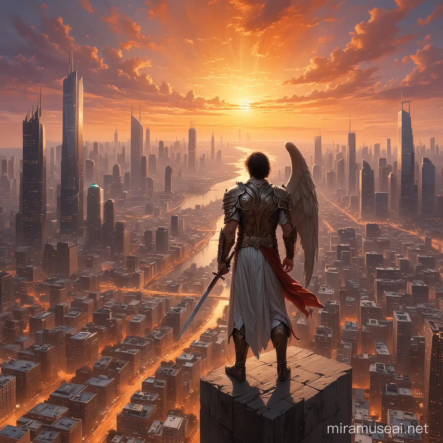 Watcher Angel,The image is a painting of a person holding a sword, likely depicting a scene from mythology. It is set outdoors.The image features a cityscape with numerous tall buildings in a metropolitan area. The skyline includes tower blocks and skyscrapers, set against a background of the urban area and the sky. The photo captures the city scene during sunset, highlighting the commercial buildings in the downtown area.