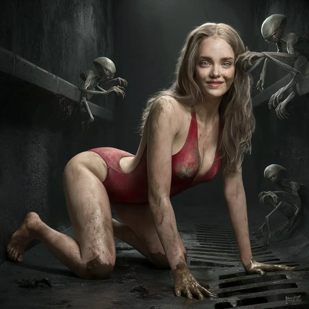 Beautiful Nordic woman with long hair wearing dirty red high-leg-cut competition one-piece-swimsuit, smeared with mud, crawling on all four, in a dirty drain, shy smile, aliens grabbing her, photo realistic