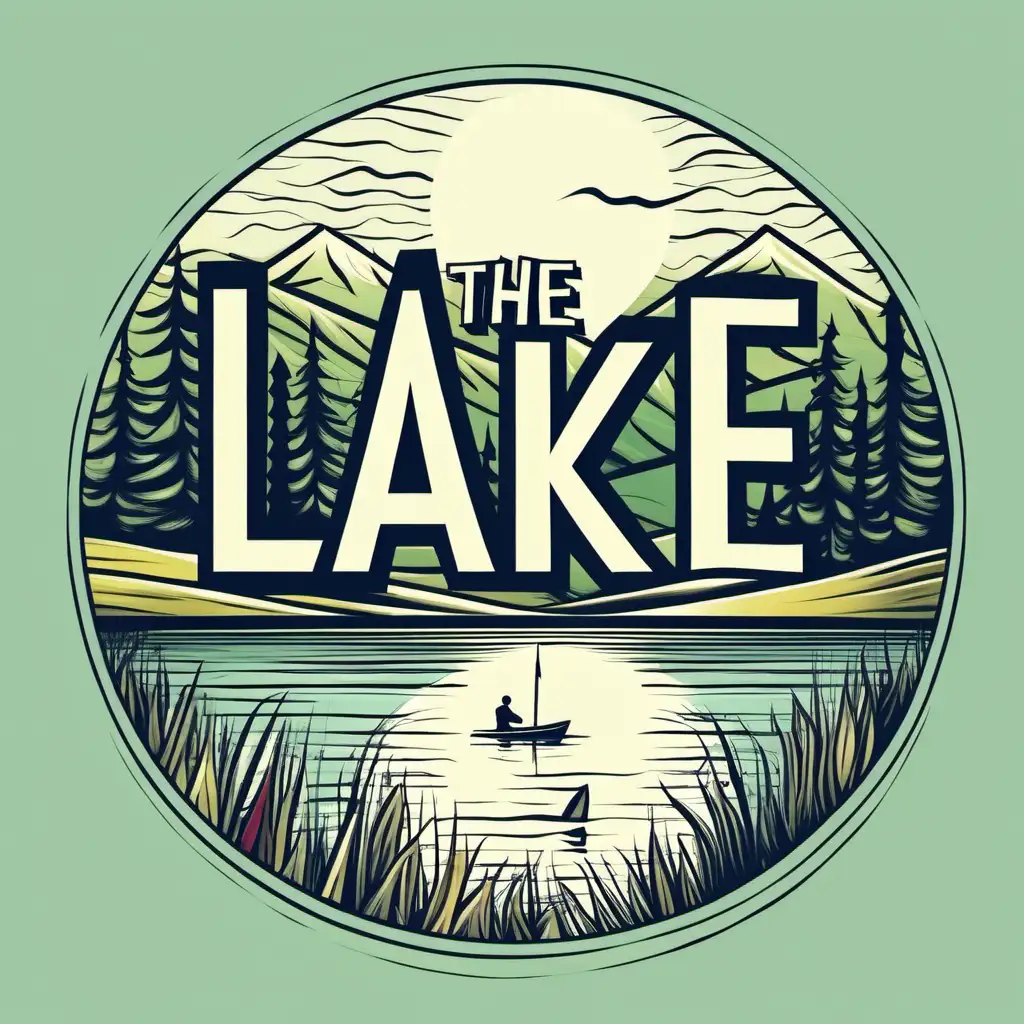 vector art, "At the lake" typography, handwriting style font, lake setting