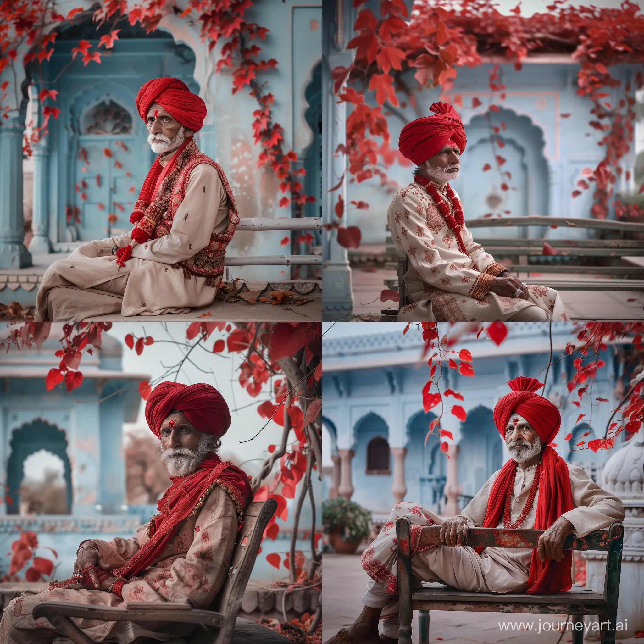 to rabaris  man70 years old whit  red turbans and tradional clothing sitting on a bench  in the back ground a light bleu old palace witn red leaves climbing plant  soft light and contrast  50 mm fuji xt4   fotorealistisch