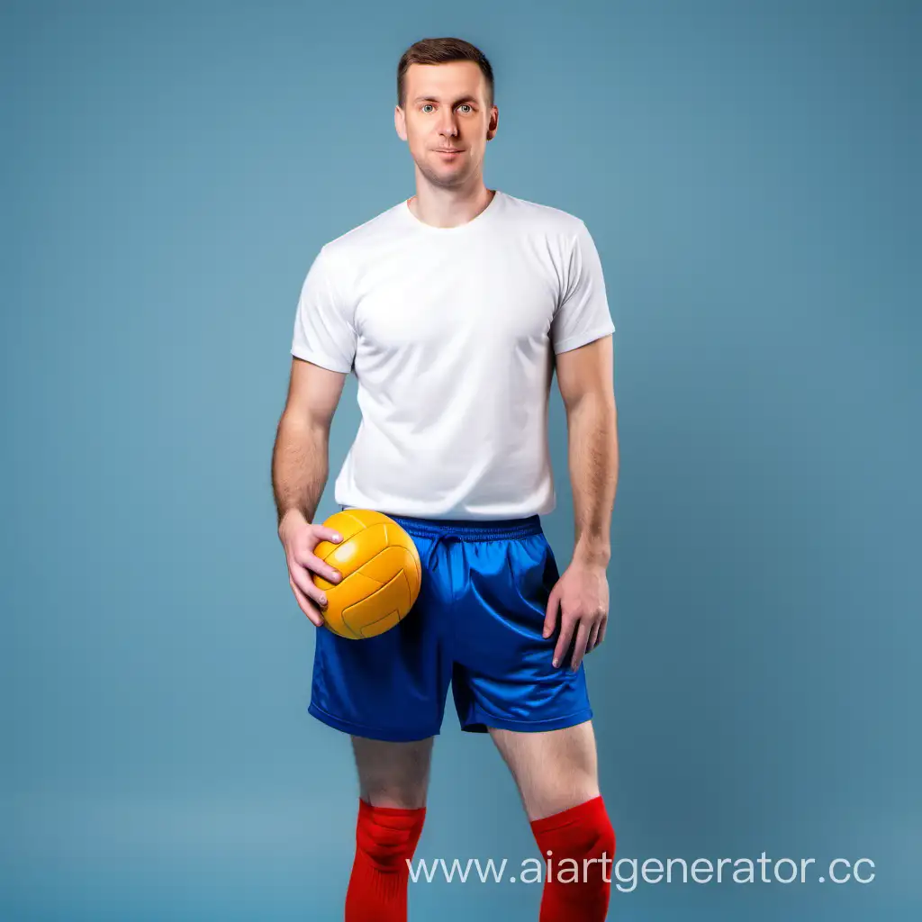 white man with a volleyball ball dressed in white shirt, blue sports shorts and red socks