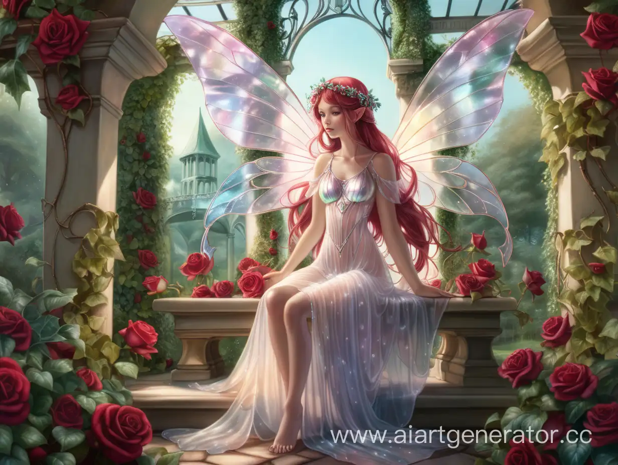 Сказочная фея с полупрозраными крыльями за спиной, одетая в белое перламутровое платье сидит в беседке увитой плющем и алыми розами