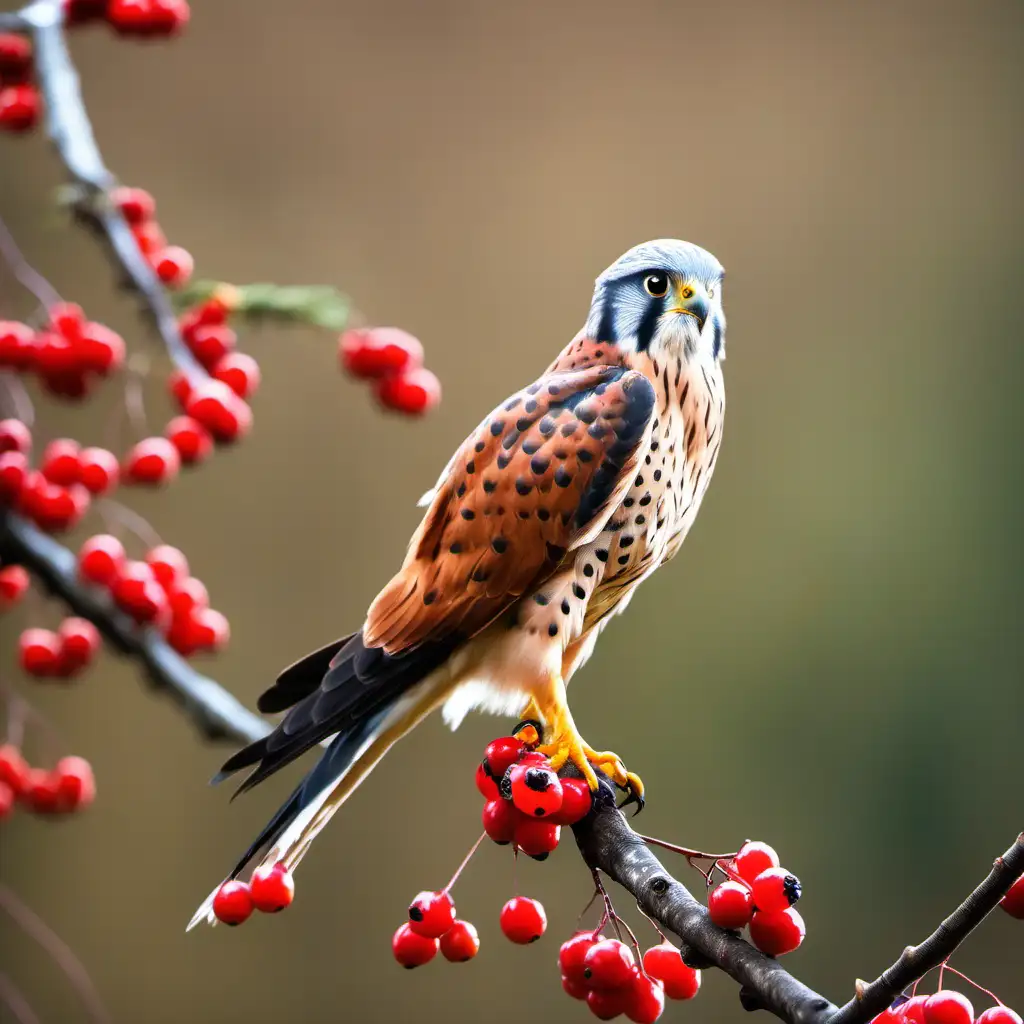 Graceful Kestrel Perched on Berryladen Branch with Ethereal Bokeh Background