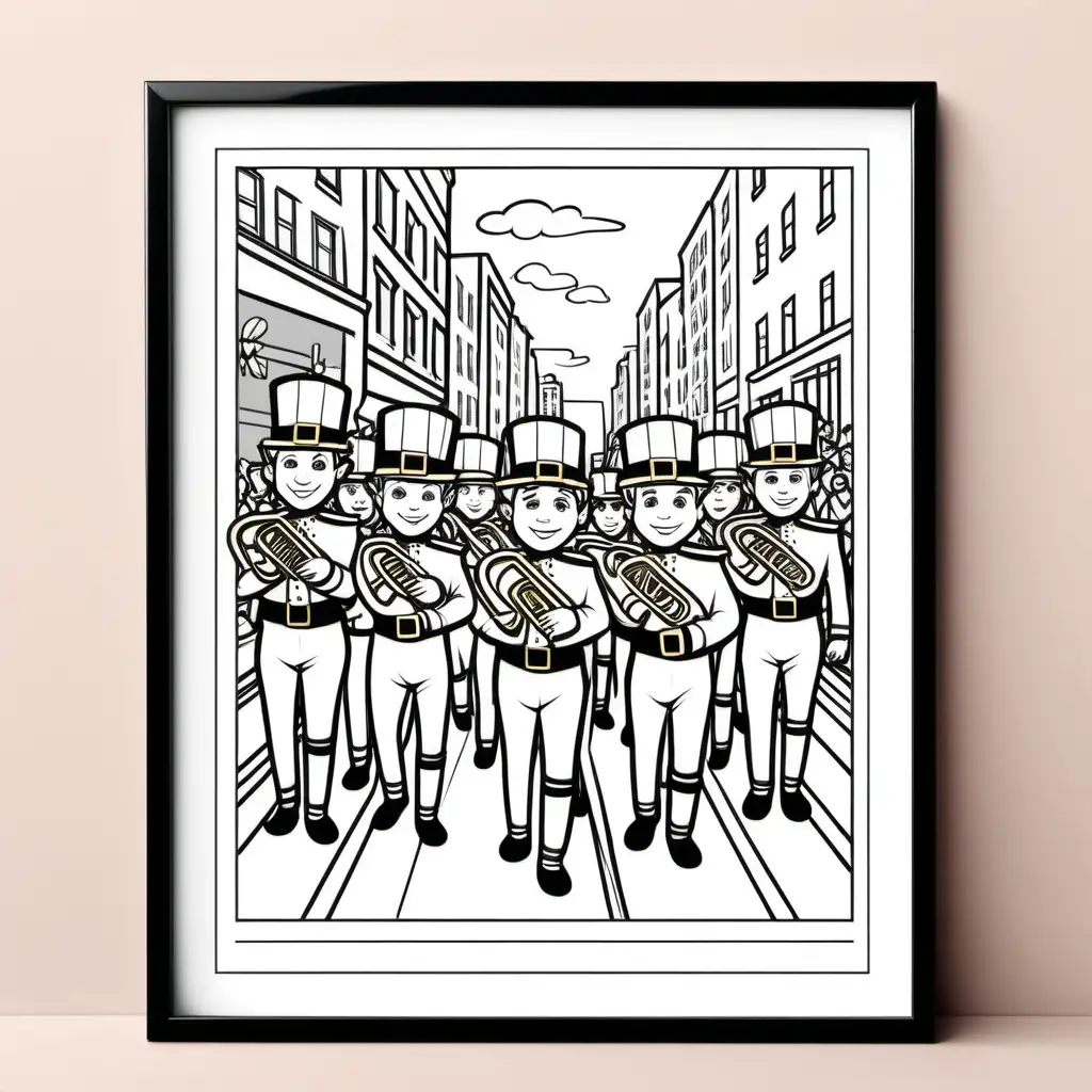 coloring page for kids, thick lines, low detail, St. Patrick's Day parade, marching band,  in postcard frame