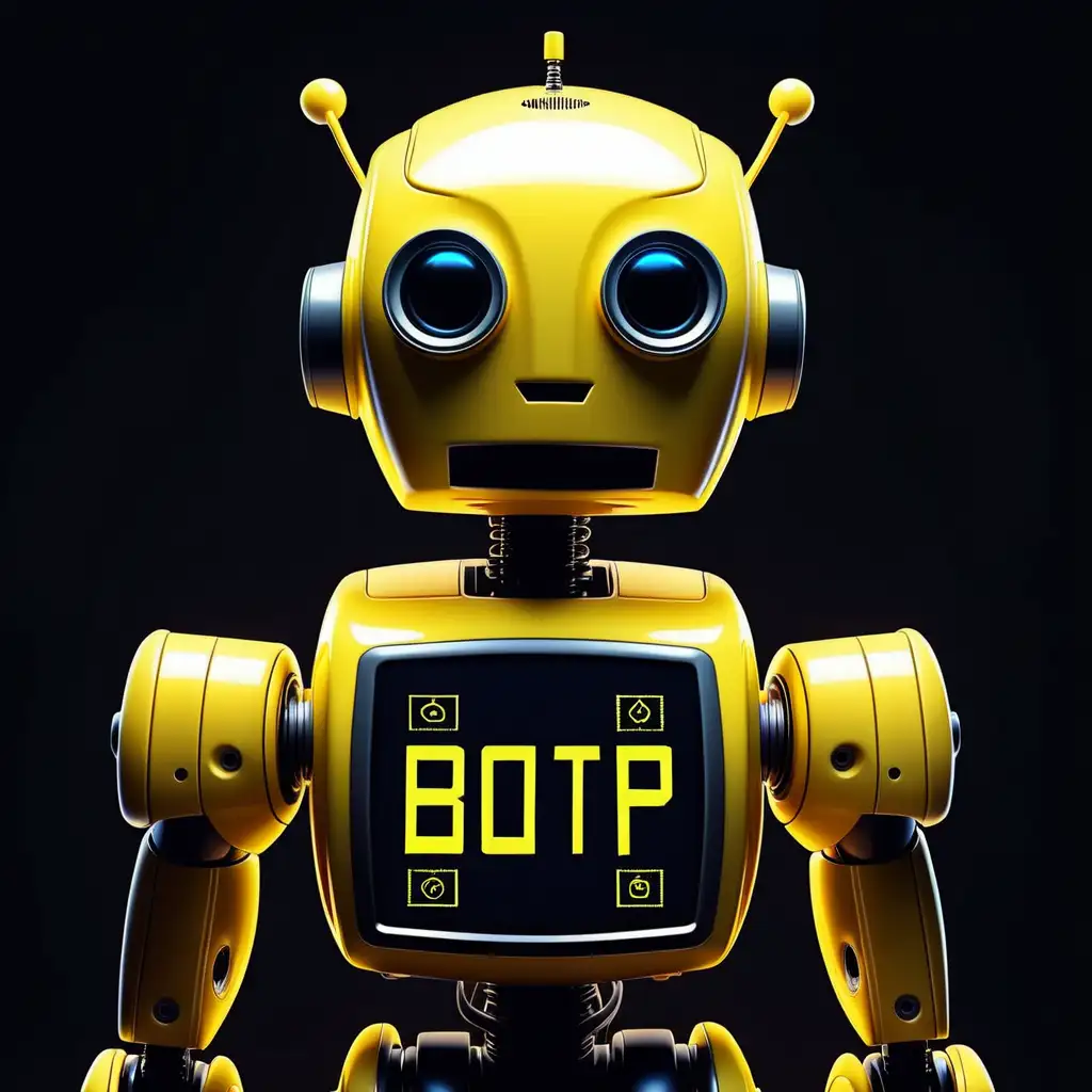 Жълто черен роботче със светещ екран да има надпис 'BOTP"