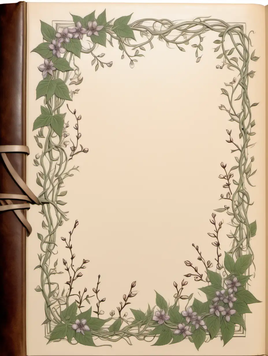 front aligned view of the narrow border of vines and small blossoms on a blank book covered in leather in shades of blooming sage
