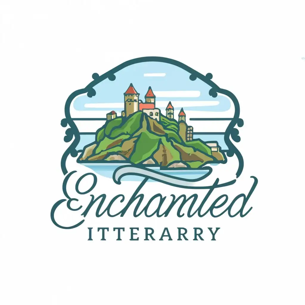 a logo design,with the text "Enchanted Itinerary", main symbol:blue skies, green mountains with a castle, and a blue ocean
,Moderate,be used in Travel industry,clear background
