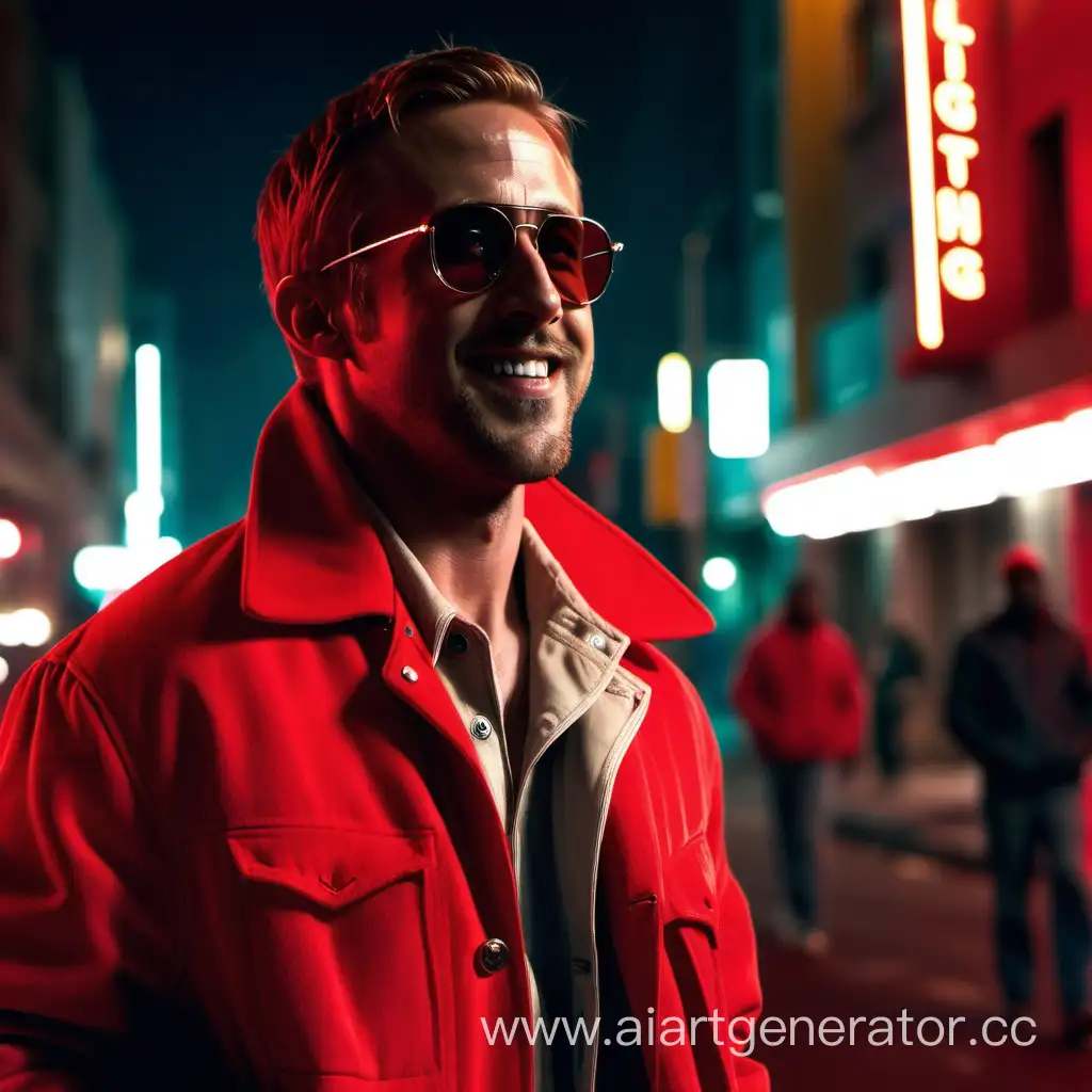 Раян гослинг в солнцезащитные очках в красном пиджаке с сигаретой  по центру городской улицы в свете красного неона стоит улыбается смотрит вверх ночью
