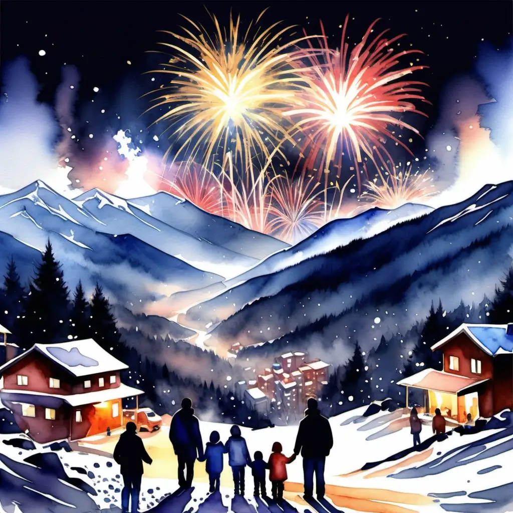 realistické barvy, lidé, rodiny, oslavují na horách Silvestr, příchod nového roku, ohňostroj, akvarel styl