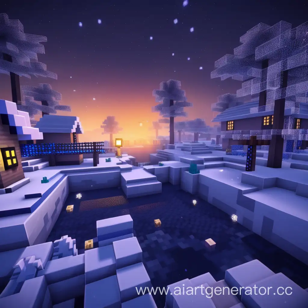 Minecraft зимний вечером красиво